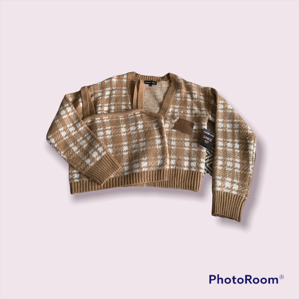 Tan patterned matching set- tank & cardigan